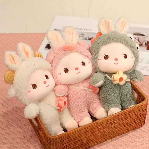 Cute Transformation Bunny Plush Toy Soft Animal Cosplay Lamb Velvet Doll With Flower Bag For Kids Girls Gift
