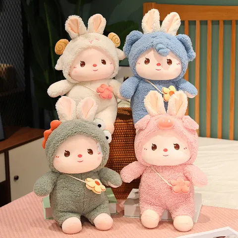 Cute Transformation Bunny Plush Toy Soft Animal Cosplay Lamb Velvet Doll With Flower Bag For Kids Girls Gift