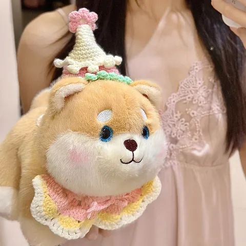 Cute Shiba Inu Plush Toy Soft Stuffed Animal Dog With Knitted Birthday Hat Bib Kawaii Puppy Doll Gift For Girls Children