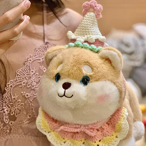 Cute Shiba Inu Plush Toy Soft Stuffed Animal Dog With Knitted Birthday Hat Bib Kawaii Puppy Doll Gift For Girls Children