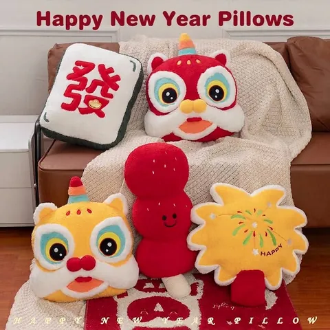 Chinese New Year Lion Dance Plush Pillow Soft Mahjong Fortune Decorative Cushion Sugar Coated Haws Stuffed Toy Home Office Festival Gift