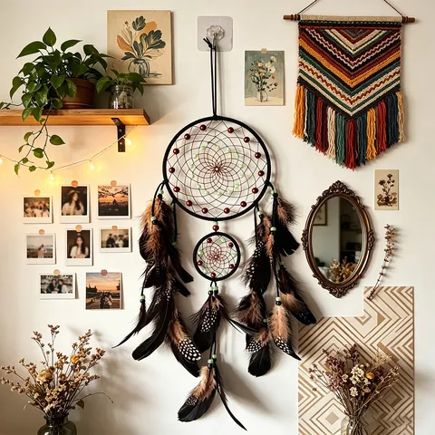 Bohemian Ινδιάνικη Ονειροπαγίδα Τοίχου Χειροποίητη με Φτερά Ονειροπαγίδα για Κρεβατοκάμαρα Σαλόνι Διακόσμηση Σπιτιού