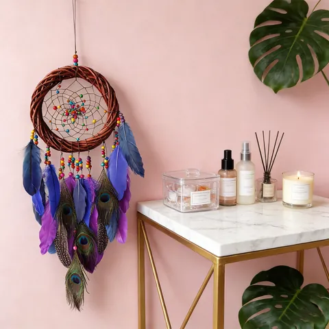 Bohemian Peacock Feather Dream Catcher Handmade Rattan Wall Hanging Home Decor Ethnic Ornament Room Decoration Gift