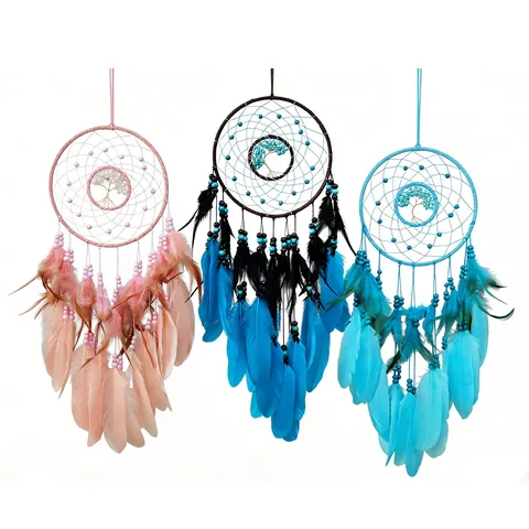 Attrape-Rêves Arbre de Vie à Double Anneau Ornement Suspendu en Plumes Style Indien Décoration Murale Perles Turquoise Maison