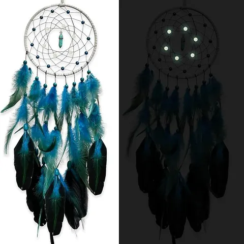 Handmade Bohemian Luminous Dreamcatcher Wall Decor With Turquoise Bullet Pendant And Natural Feathers Home Wall Hanging Decoration