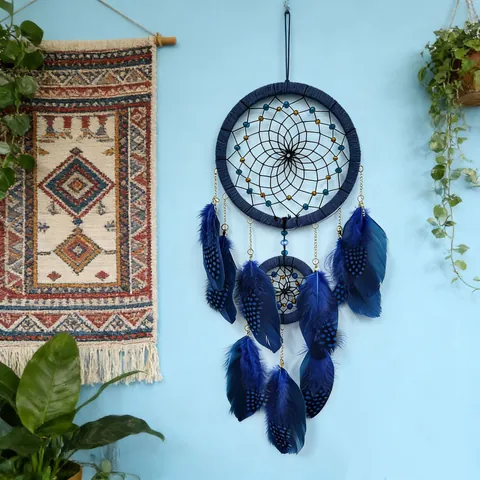 Attrape-Rêves Bohémien Tissé à la Main Suspension Murale Bois de Pin Plume Bleu Marine Rose Décoration Maison