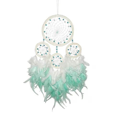 Bohemian Four-Ring Rattan Dream Catcher Mint Green Gradient Feather Wall Hanging Decoration For Room Decor Hand Woven Home Ornament