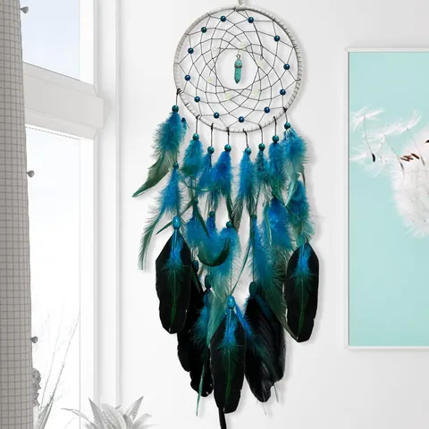 Handmade Bohemian Luminous Dreamcatcher Wall Decor With Turquoise Bullet Pendant And Natural Feathers Home Wall Hanging Decoration