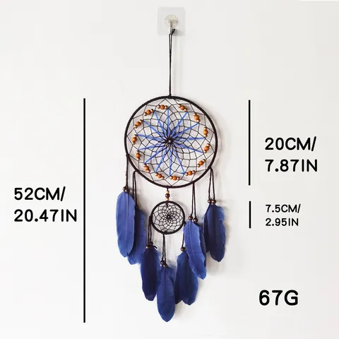 Acchiappasogni Indiano Fatto a Mano in Ferro Piume Blu Perline di Legno Decorazione da Parete per Casa Soggiorno Matrimonio