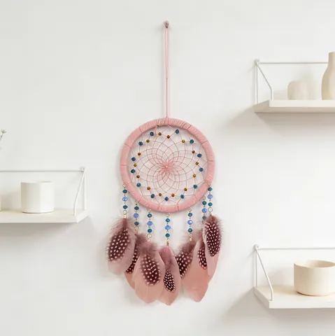 Attrape-Rêves Bohémien Tissé à la Main Suspension Murale Bois de Pin Plume Bleu Marine Rose Décoration Maison
