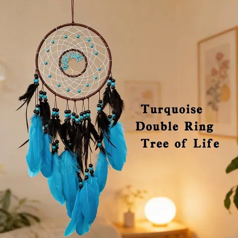 Attrape-Rêves Arbre de Vie à Double Anneau Ornement Suspendu en Plumes Style Indien Décoration Murale Perles Turquoise Maison