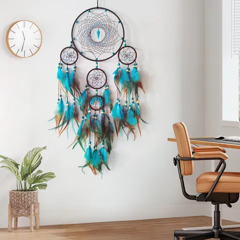 Handmade 5-Ring Dream Catcher With Feather Turquoise Beads Indian Style Tree of Life Arrow Wall Hanging Home Decor