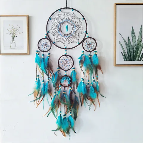 Handmade 5-Ring Dream Catcher With Feather Turquoise Beads Indian Style Tree of Life Arrow Wall Hanging Home Decor