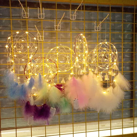 Atrapasueños Hecho a Mano Decoración de Pared Con Luz Cálida LED Colgante de Luna Pluma Para Hogar Regalo de Navidad