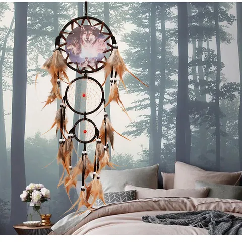 Attrape-rêves de Style Indien Fait à la Main Décoration Murale Rétro Plumes Loup Aigle Ours Motif Ethnique