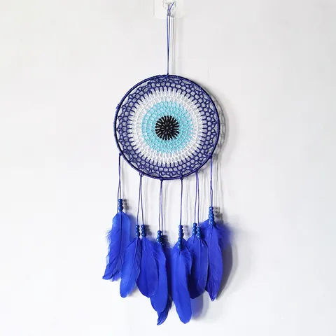 Handmade Woven Evil Eye Dreamcatcher Blue Feather Wall Hanging Bohemian Room Decor Romantic Girlish Heart Hanging Decoration
