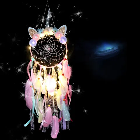 Atrapasueños Unicornio Luz de Noche LED Pluma Colorida Cinta Encaje Decoración de Pared Hecha a Mano para Dormitorio de Niñas