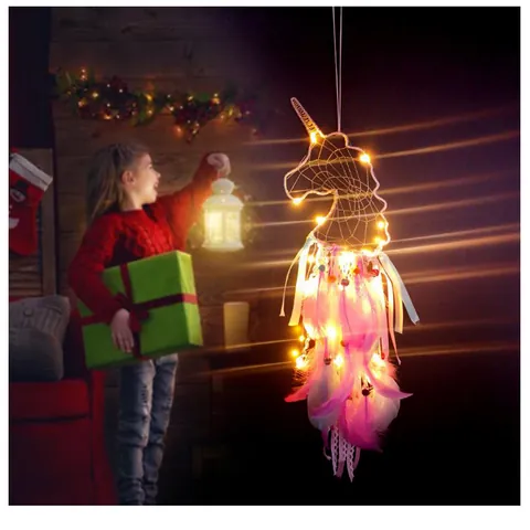 Atrapasueños Unicornio Luz de Noche LED Pluma Colorida Cinta Encaje Decoración de Pared Hecha a Mano para Dormitorio de Niñas