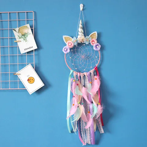 Atrapasueños Unicornio Hecho a Mano Decoración de Pared Pluma Encaje LED Luminoso Atrapasueños Para Dormitorio Habitación Niñas