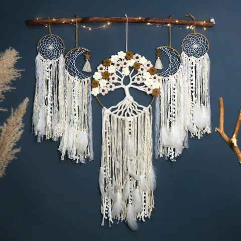 Tapiz Atrapasueños Árbol De La Vida Tejido a Mano Bohemio Juego De Cinco Piezas Con Flor Pluma Para Decoración Pared Hogar Sala Estar