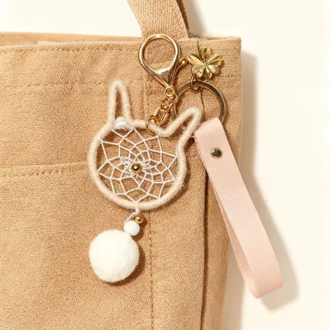 Cute Cat Head Dreamcatcher Keychain With White Plush Ball Hand-woven Cotton Bag Charm For Women Girls Gift Bohemian Accessory