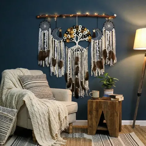 Tapiz Atrapasueños Árbol De La Vida Tejido a Mano Bohemio Juego De Cinco Piezas Con Flor Pluma Para Decoración Pared Hogar Sala Estar