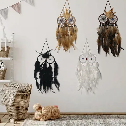 Atrapasueños de Búho Hecho a Mano Decoración de Pared Estilo Bohemio Anillo de Hierro Tejido Decoración del Hogar Para Dormitorio