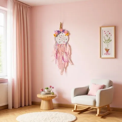 Attrape Rêves Licorne Fait Main Plumes Rose Violet Décoration Murale Suspendue Pour Chambre Enfants Filles Cadeau Anniversaire