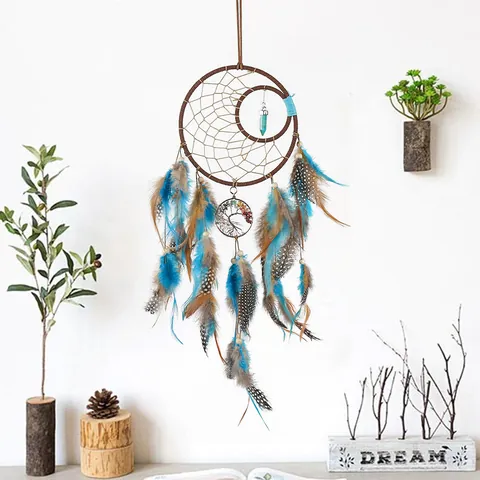 Attrape-Rêves Arbre de Vie Indien Vintage Décoration Murale Suspendue Avec Plumes Naturelles Cristaux Bohème Fait à la Main Décoration de Maison Cadeau