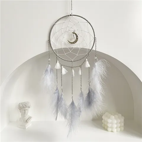 Atrapasueños de Luna Decoración para Colgar en la Pared Con Luces LED Plumas Hecho a Mano Boho Atrapasueños para Dormitorio Decoración del Hogar