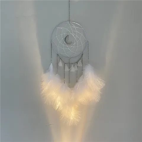 Atrapasueños de Luna Decoración para Colgar en la Pared Con Luces LED Plumas Hecho a Mano Boho Atrapasueños para Dormitorio Decoración del Hogar