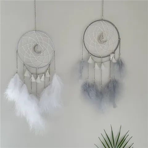 Atrapasueños de Luna Decoración de Pared Estilo Mori Con Luces LED Plumas Hechas a Mano Borlas Para Dormitorio Sala de Estar Adorno Hogar