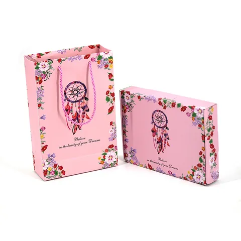 Juego De Bolsa De Regalo Y Caja Atrapasueños Patrón Floral Papel Embalaje De Regalo Para Boda Cumpleaños Fiesta Rosa Azul Caja