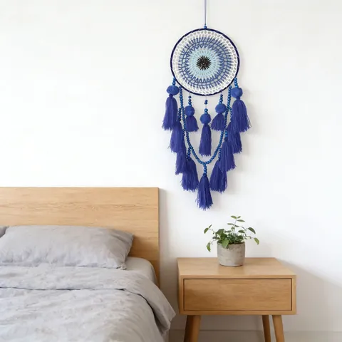 Bohemian Handmade Woven Cotton Dream Catcher Wall Hanging With Evil Eye Petal Tassel Wood Beads For Home Bedroom Decoration