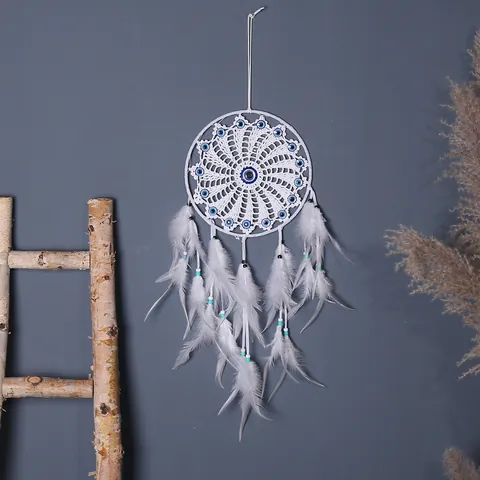 Capteur de Rêves Tissé à la Main Style Nordique Mauvais Œil Pendentif Plume Blanche Décoration Murale pour Maison Chambre