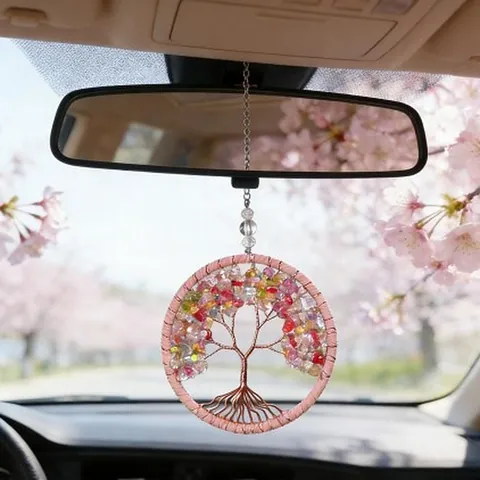 Tree Of Life Crystal Dream Catcher Car Hanging Ornament Natural Stone Woven Rearview Mirror Pendant Interior Decoration