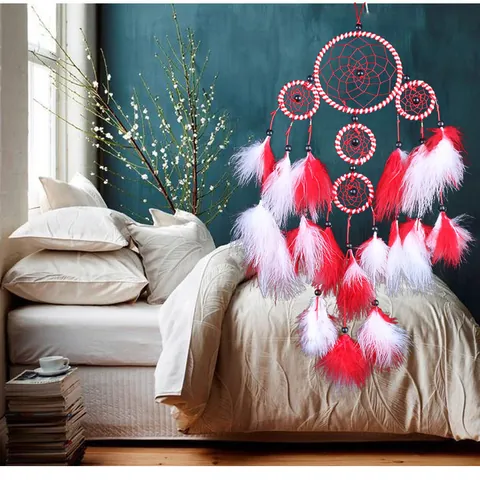 Handgefertigter Fünf-Ring-Traumfänger Wandbehang Dekoration Mit Federn Und Perlen Indischer Stil Traumfänger Für Schlafzimmer Wohnzimmer Heimschmuck