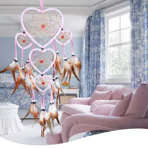 Attrape-Rêves Forme de Coeur 5 Anneaux Fait à la Main Avec Plumes Naturelles Style Indien Décoration Murale pour Chambre Maison Bureau Cadeau