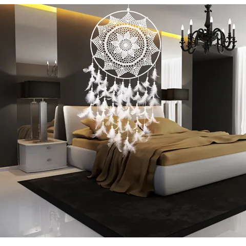 Attrape-Rêve Nordique Grand Blanc Suspension Murale Plume Fait Main Anneau de Fer Déco Boho Pour Mariage Chambre Maison Ornement