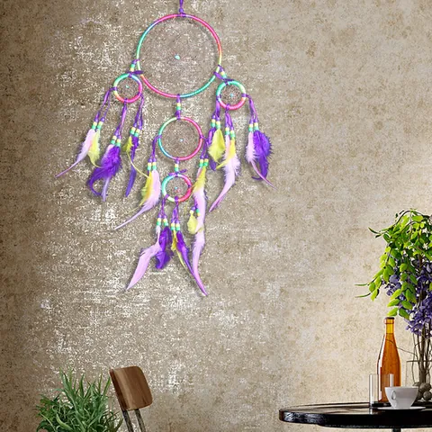 Acchiappasogni Multianello Colorato Fatto a Mano Decorazione da Parete in Piuma Stile Indiano Ornamento Intrecciato Regalo