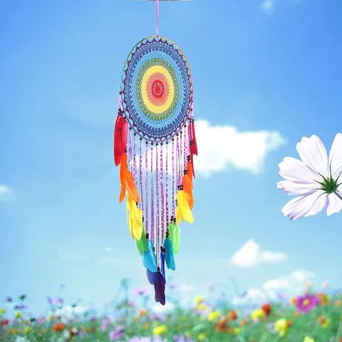 Großer Regenbogen Traumfänger Boho Handgehäkeltes Baumwollnetz Bunte Federn Wandbehang Für Zuhause Wohnzimmer Schlafzimmer Dekoration