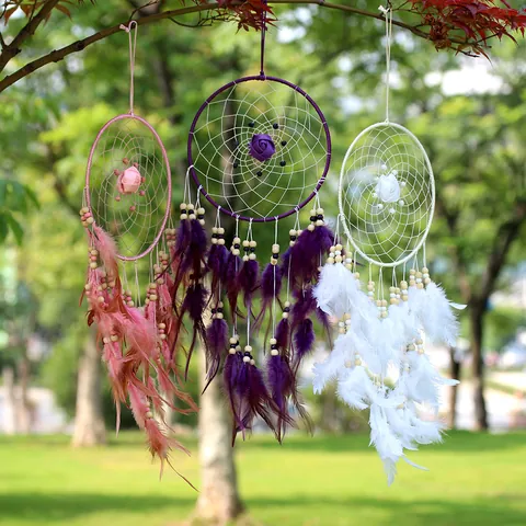 Atrapasueños de Rosa Hecho a Mano Anillo de Hierro con Plumas Cuentas de Madera Adorno de Pared Boho para Hogar Boda