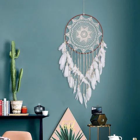 Nordic Boho Dream Catcher Wall Hanging Decor with White Feather Wood Beads Handmade Lace Ornament for Home Bedroom Living Room Decoration