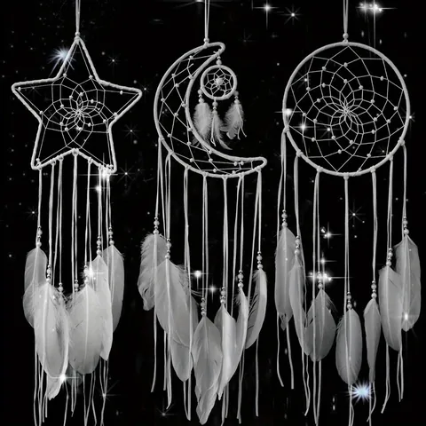 Attrape-Rêves Boho à Plumes Blanches Décoration Murale Étoile Lune Ronde Fait Main Tissé Ornement pour Chambre à Coucher