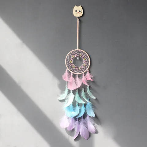 Attrape-Rêve Fait à la Main Suspension Murale Avec Lumière LED Plumes Colorées en Dégradé Ornement Bohème pour Décoration de Chambre Cadeau Femme