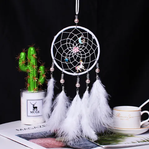 Attrape-Rêves Blanc Style Forêt Avec Pendentif Lune Étoile Licorne Fait Main Tissé Plume Décoration Murale Maison Chambre à Coucher