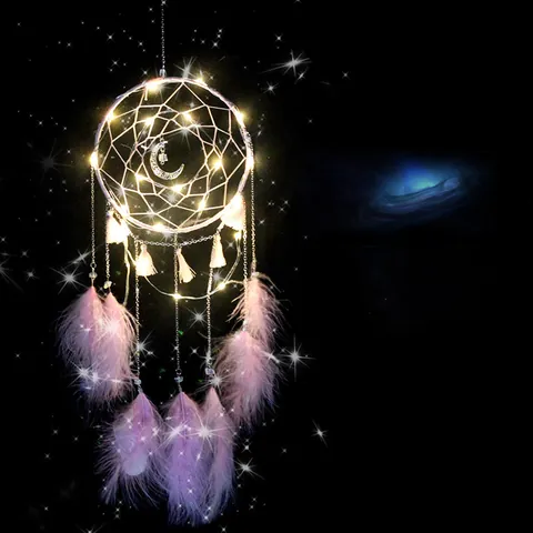 Atrapasueños Boho Hecho a Mano Con Luz LED Plumas Luna Estrella Decoración Colgante de Pared para Hogar Dormitorio Regalo Romántico