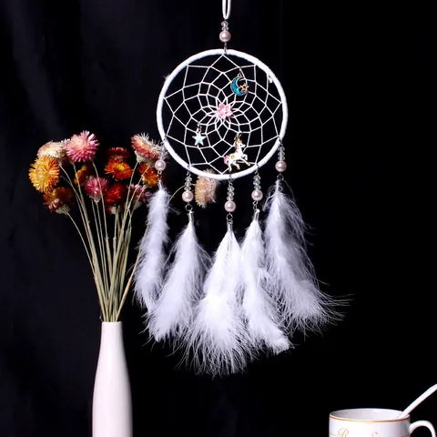 Attrape-Rêves Blanc Style Forêt Avec Pendentif Lune Étoile Licorne Fait Main Tissé Plume Décoration Murale Maison Chambre à Coucher