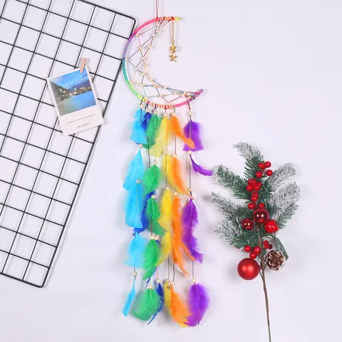 Atrapasueños Hecho a Mano de Luna y Estrella Multicolor Decoración de Pared para Hogar Dormitorio Atrapasueños Bohemio con Plumas Adorno Regalo