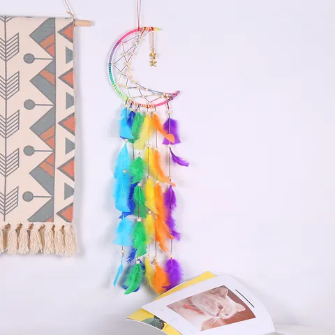 Atrapasueños Hecho a Mano de Luna y Estrella Multicolor Decoración de Pared para Hogar Dormitorio Atrapasueños Bohemio con Plumas Adorno Regalo